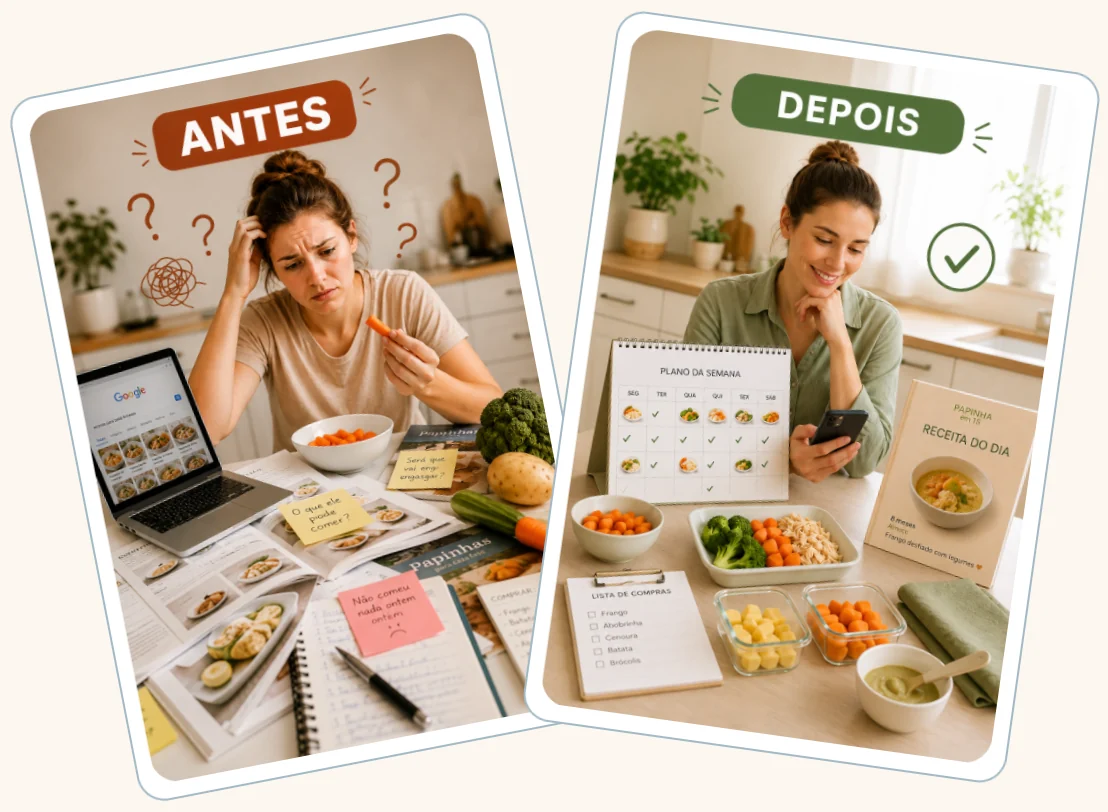 Antes: mãe confusa pesquisando receitas. Depois: mãe tranquila com o plano da semana e as papinhas prontas.
