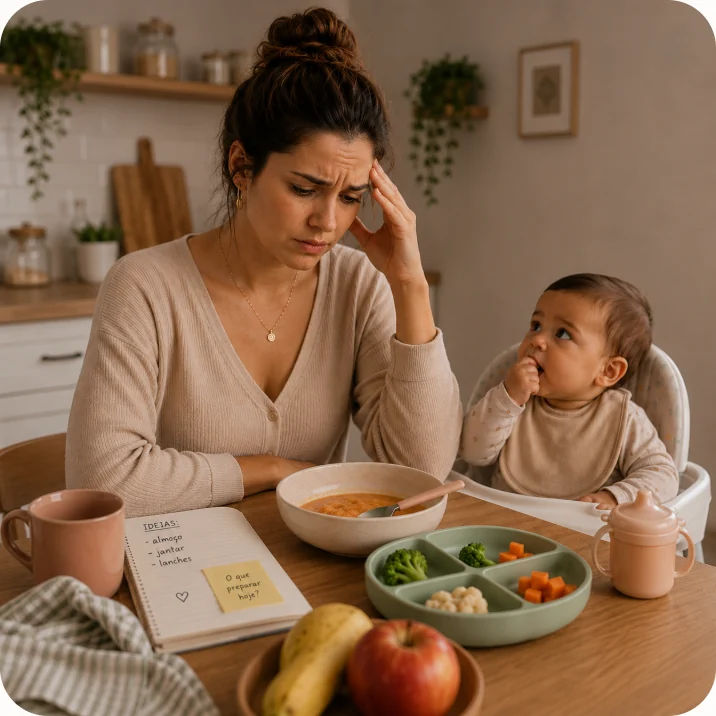 Mãe preocupada à mesa com o bebê, um caderno de anotações e a papinha servida
