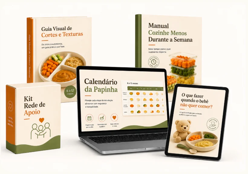 Calendário da Papinha no notebook e os 4 bônus: Guia Visual de Cortes e Texturas, Manual Cozinhe Menos, Livro Digital e Kit Rede de Apoio